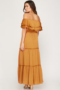 FLOUNCE OFF THE SHOULDER TIERED CRINKLED SATIN MAXI DRESS