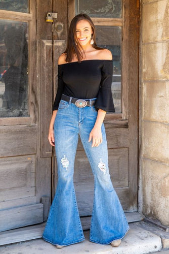 MID WASH WITH SILVER IRIDESCENT SEQUINS KNEE PATCH FLARE JEAN