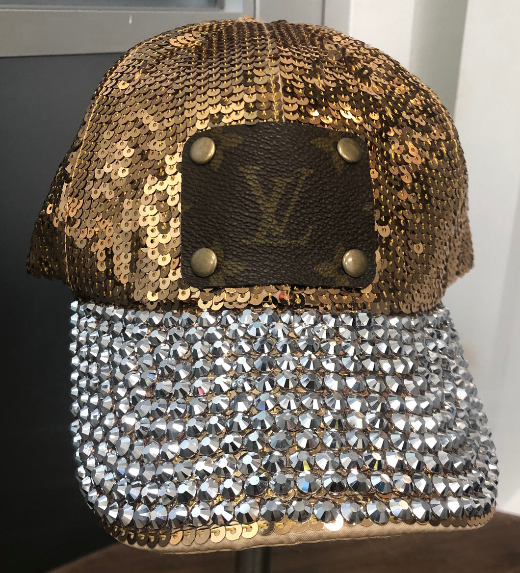 Gold Sequin Upcycled Hat With RhineStones