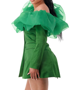 Off the Shoulder Tulle Ruffle Satin Blazer