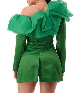 Off the Shoulder Tulle Ruffle Satin Blazer