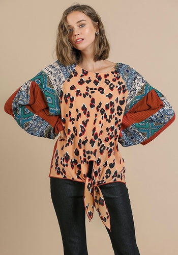 Animal and Scarf Mixed Print Long Waffle Knit Puff Sleeve Round Neck Top