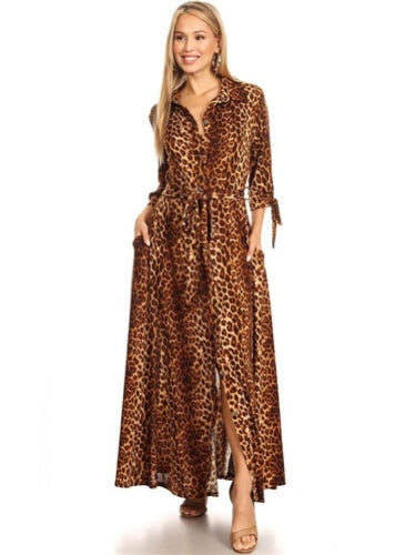 Long Sleeve Button-up Belted Maxi Dress