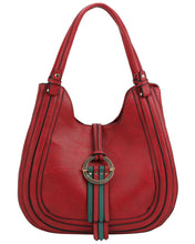 Load image into Gallery viewer, Leatherette Handbag with Green &amp; Red Colored Strap Fold Over