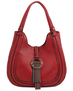 Leatherette Handbag with Green & Red Colored Strap Fold Over