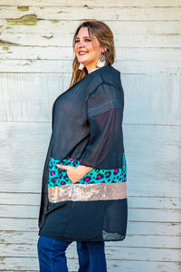 BLACK BLOCKED LEOPARD TURQUOISE PINK LEOPARD/ROSE GOLD SEQUIN KIMONO