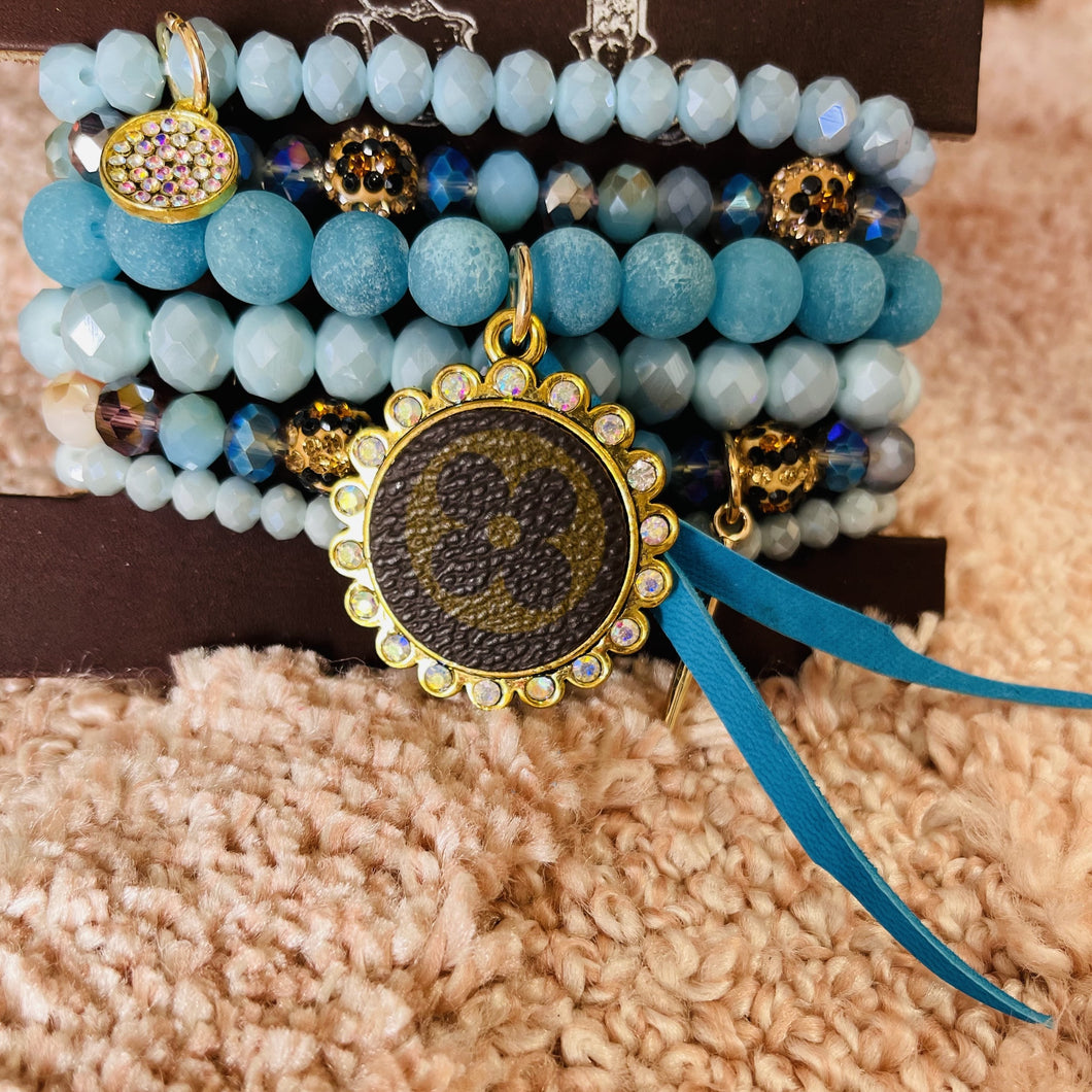 Upcycled Bracelet with Powder Blue and Leopard Beads