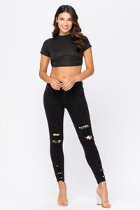 Black Destroyed Leopard Patch Skinny