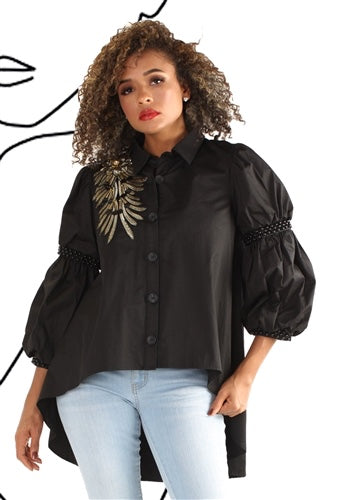 Black Embroidered Applique High Low Pearl Trim Top