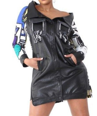 Zip Front Faux Leather Jacket Dress with Bang Back