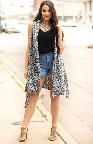 Grey Leopard Sleeveless Coat Duster