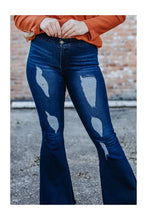 Load image into Gallery viewer, PULL UP DARK WASH DISTRESSED EXTREME FLARE HEAVY WEIGHT JEANS