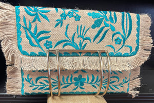 Straw Embroidered Clutch with Fringe