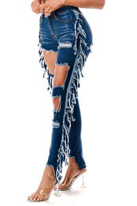Side Fringe Distressed Frayed Denim Jeans