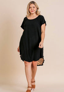 Short Sleeve Round Neck Animal Print Back Dress with High Low Fishtail Scoop Ruffle Hem