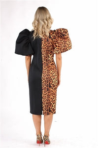 Animal Print/Black Bow Tie Collar Dress