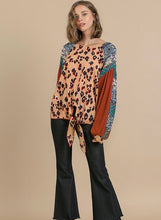 Load image into Gallery viewer, Animal and Scarf Mixed Print Long Waffle Knit Puff Sleeve Round Neck Top