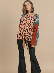 Animal and Scarf Mixed Print Long Waffle Knit Puff Sleeve Round Neck Top