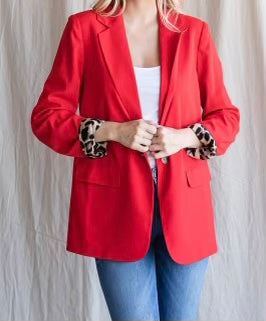 Red Solid blazer with leopard print ined