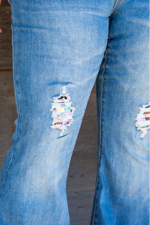 MID WASH WITH SILVER IRIDESCENT SEQUINS KNEE PATCH FLARE JEAN