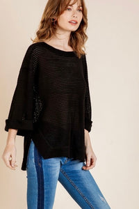 High Low Side Slit Waffle Knit Rolled Sleeve Top