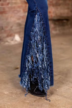Load image into Gallery viewer, Dark Wash Flare Jeans with Fringe and Rips