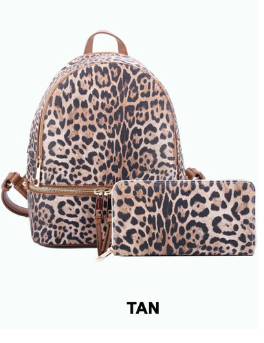 TAN LEOPARD BACKPACK WITH WALLET