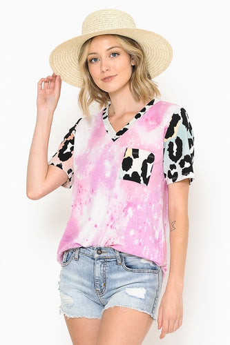 TIE DYE & ANIMAL PRINT SLEEVES CONTRAST TOP