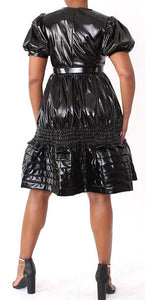 Black Belted Faux Patent Faux Leather Dress
