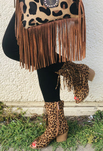 LEOPARD SIDE FRINGE ANKLE BOOTS