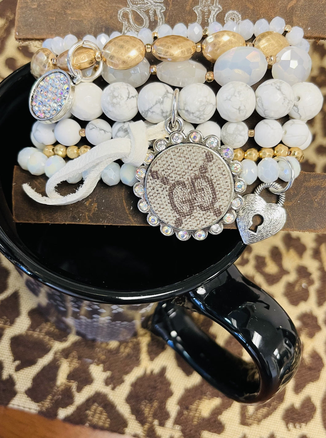 White and Gold Stack upcycled Bracelet