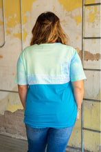 Load image into Gallery viewer, YELLOW AND BLUE TIE DYE WITH IRIDESCENT SEQUIN AND SOLID JADE BASIC COLOR BLOCK TOP
