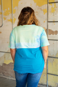 YELLOW AND BLUE TIE DYE WITH IRIDESCENT SEQUIN AND SOLID JADE BASIC COLOR BLOCK TOP