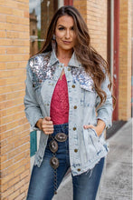 Load image into Gallery viewer, DISTRESSED DENIM JACKET WITH SILVER SEQUIN DETAIL