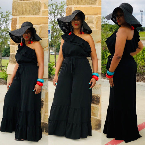 One Shoulder Layered Trim Wide Leg Jumpsuit