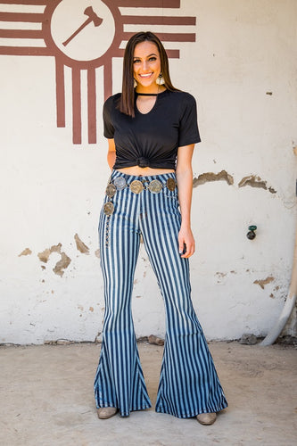 HIGH RISE DENIM STRIPE EXTREME FLARE JEANS