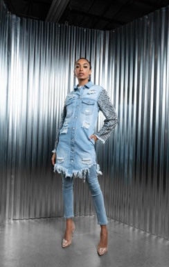 Stud Sleeve Distressed Denim Jacket