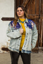 Load image into Gallery viewer, DISTRESSED DENIM JACKET WITH BLUE IRIDESCENT SEQUIN DETAIL