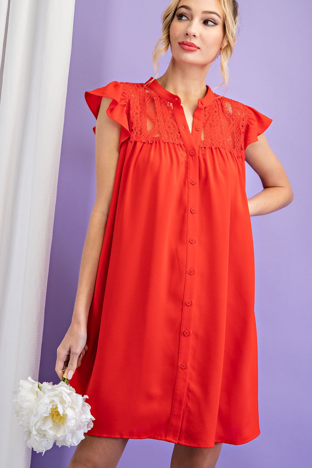 LACE TRIM BUTTON DOWN DRESS