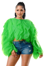 Load image into Gallery viewer, Long Sleeve Ruffle Tulle Crop Top