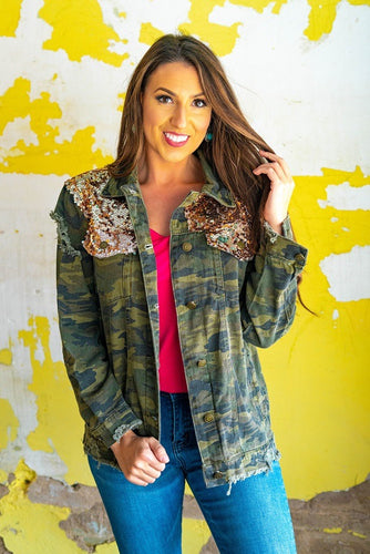 DISTRESSED CAMO DENIM JACKET WITH ROSE GOLD SEQUIN DETAIL