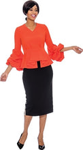 Load image into Gallery viewer, Orange V-Neck Ruffle Long Sleeve Taffeta Peplum Top