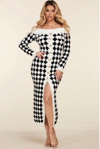 Fuzzy Checkered Print Sweater Midi Dress