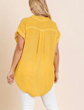 Load image into Gallery viewer, Washed Button Short Sleeve Top With Frayed Hemline