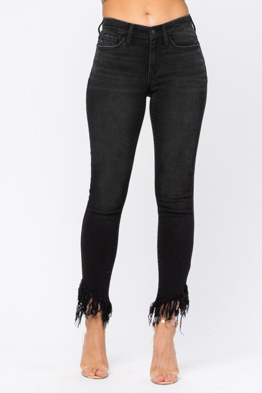 Midrise Black Hem Fray Skinny