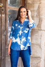 Load image into Gallery viewer, DENIM BLEACHED WASH LONG SLEEVE TOP WITH EMBROIDERED PATCH ON BACK