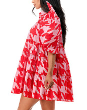 Load image into Gallery viewer, Pink Houndstooth Big Puff Sleeve Dress