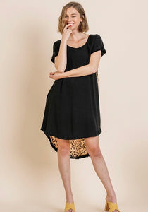 Short Sleeve Round Neck Animal Print Back Dress with High Low Fishtail Scoop Ruffle Hem
