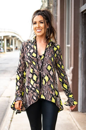 Snake Button Down Ruffle Tunic