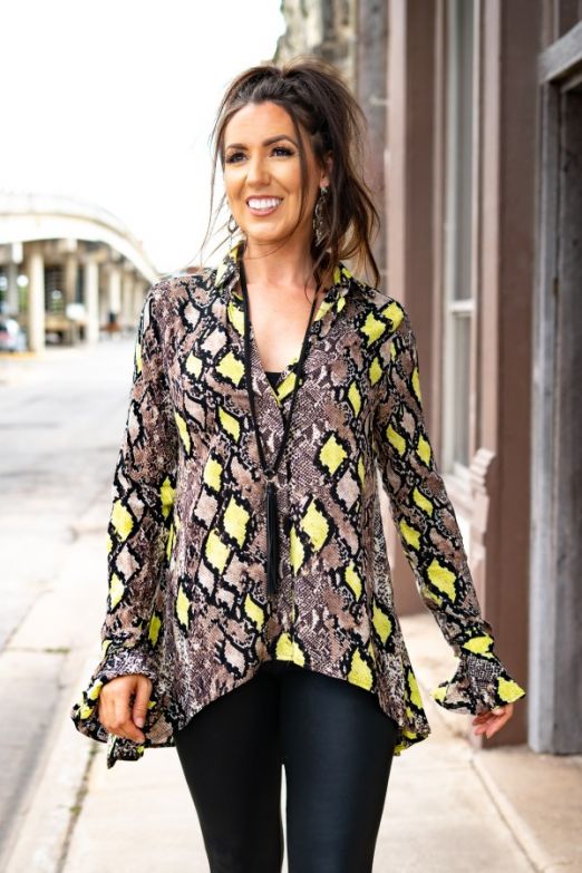 Snake Button Down Ruffle Tunic